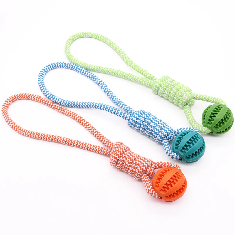 Three durable dog chew toys featuring colourful knotted ropes attached to textured, treat-dispensing rubber balls.