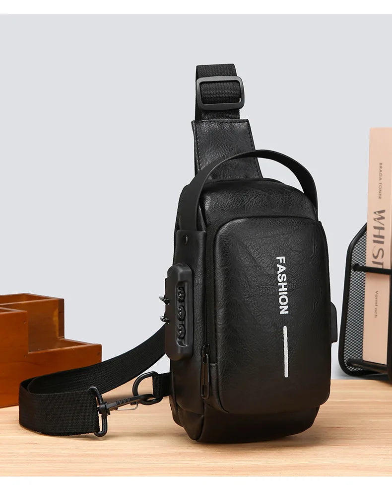 Black faux-leather crossbody sling bag featuring an integrated combination lock, adjustable strap, and USB charging port.