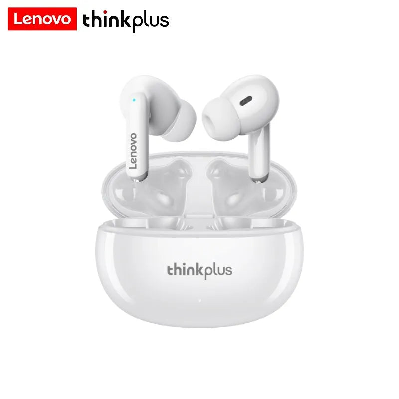 White wireless earbuds with stems, displayed inside their matching rounded, glossy white charging case.