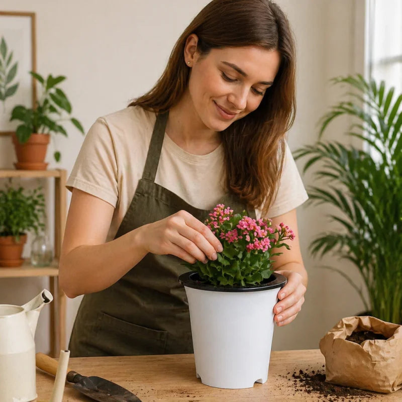 A woman in an apron tends to a pink flowering plant in a modern, white double-layer self-watering flowerpot.