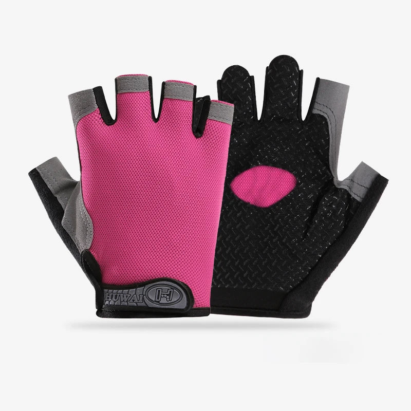 Pink fingerless gym gloves with grey accents, textured black palm grips, and a branded velcro wrist strap.