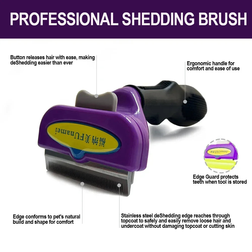 Purple professional pet shedding brush with a black ergonomic handle, stainless steel blade, and a hair-release button.