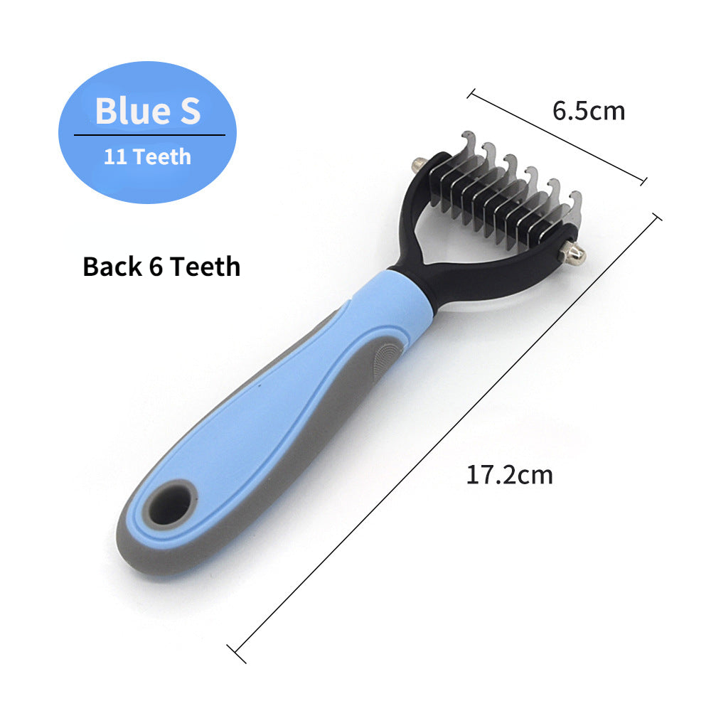 Small blue and grey pet grooming dematting comb with 11 stainless steel teeth and dimension measurements.