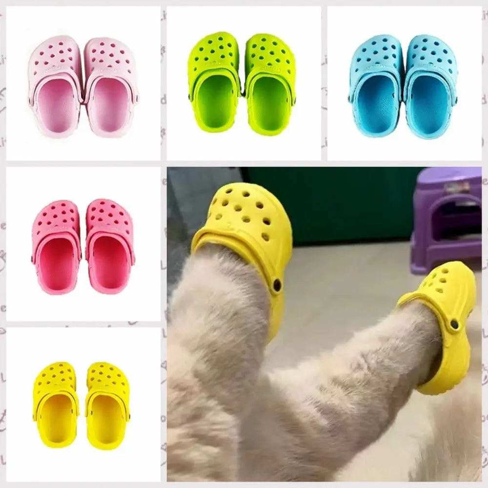 A selection of colourful, non-slip rubber sandals for cats, shown in pink, lime, blue, and yellow.