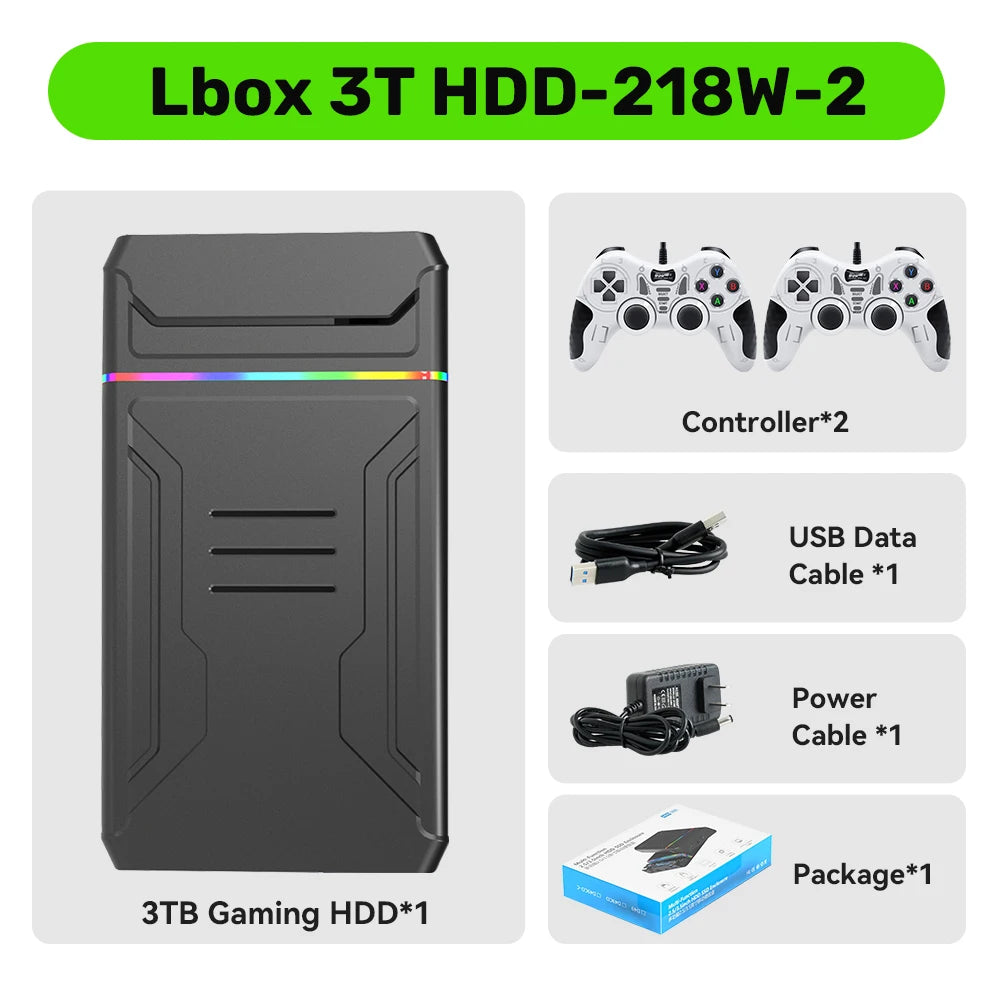 Black 3TB gaming hard drive console with RGB accent, two white controllers, cables, and packaging box.