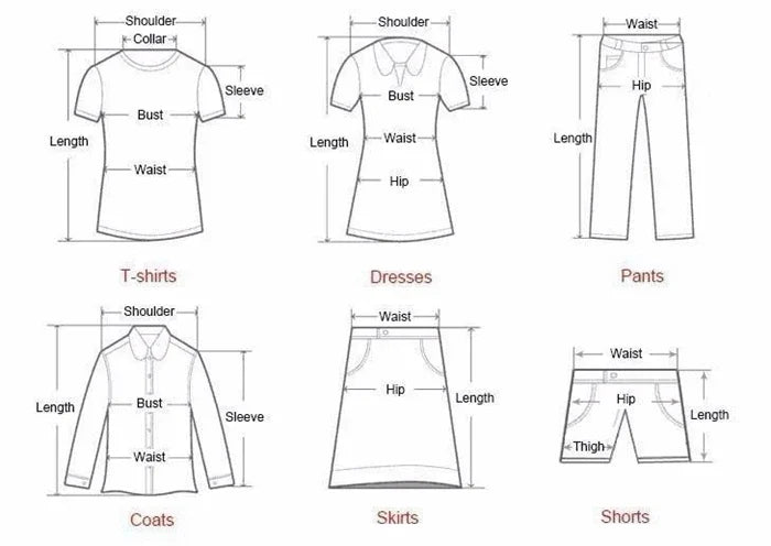 Clothing size guide illustrating measurement points for t-shirts, dresses, trousers, coats, skirts, and shorts.