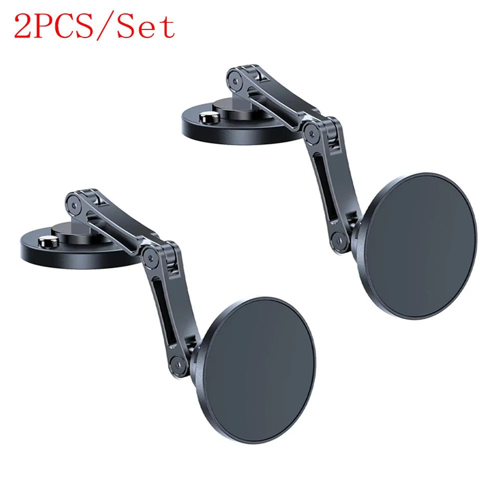 Set of two matte black, adjustable articulated arm circular mounts for phones or devices.
