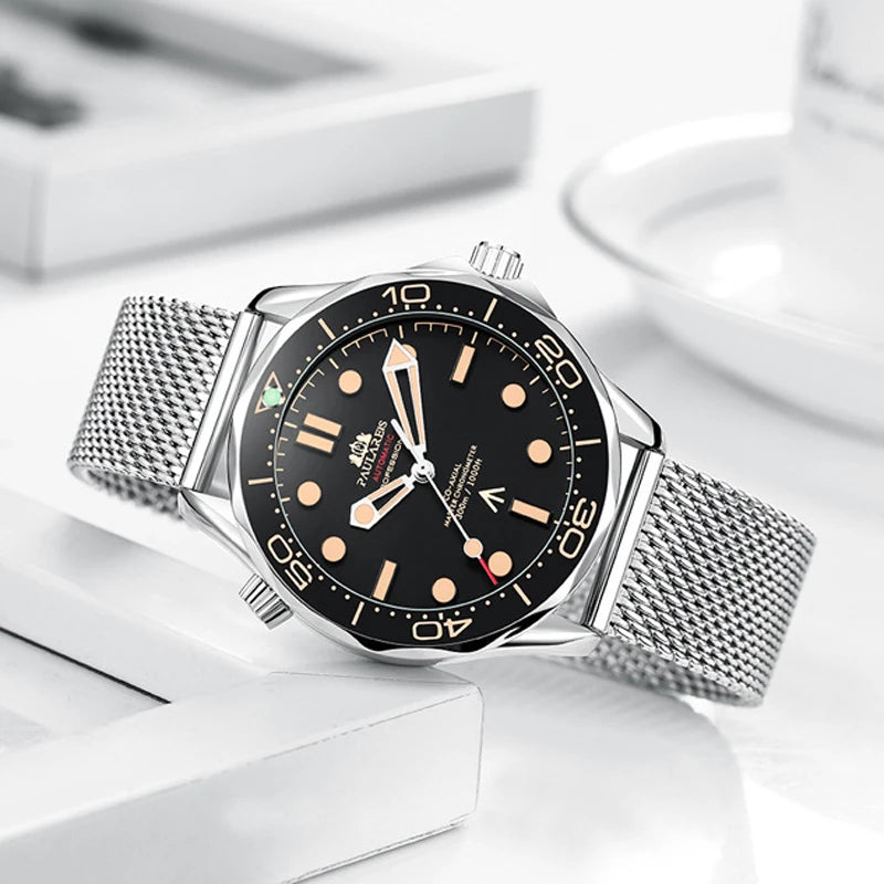 Men's stainless steel automatic watch with a black dial, rotating bezel, and silver-tone mesh strap.