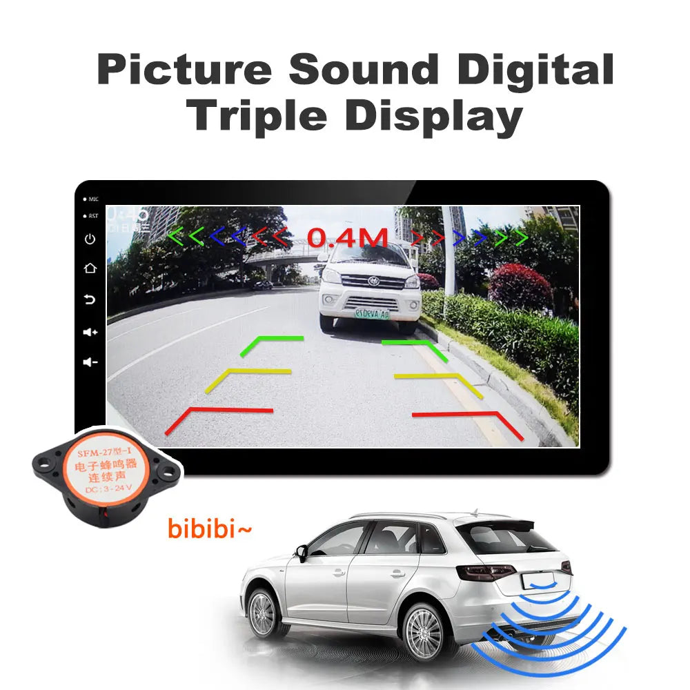 HD vehicle backup display with parking sensor overlay, showing distance markers and an audio warning buzzer illustration.