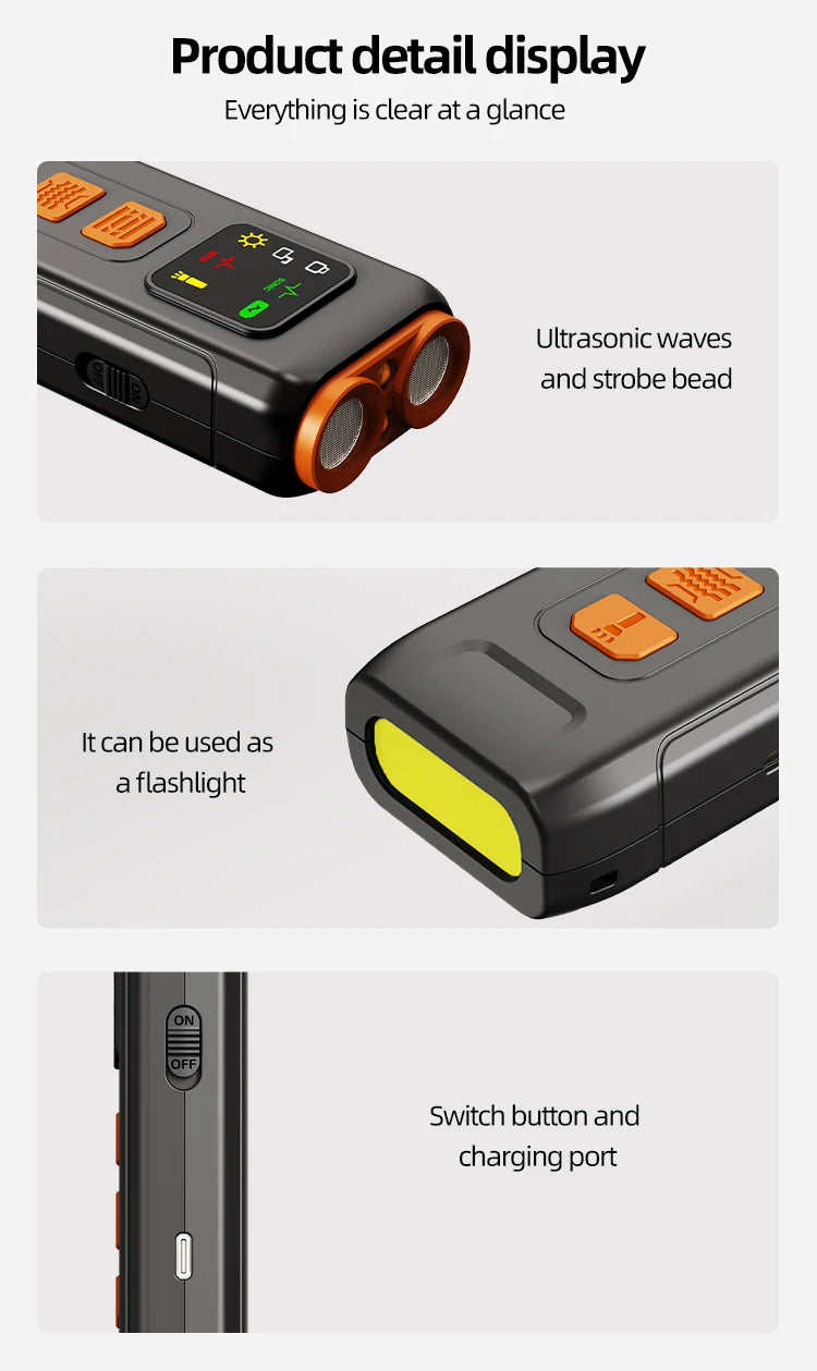 Black and orange rechargeable dog trainer with ultrasonic emitters, LED strobe, flashlight, and side power switch.