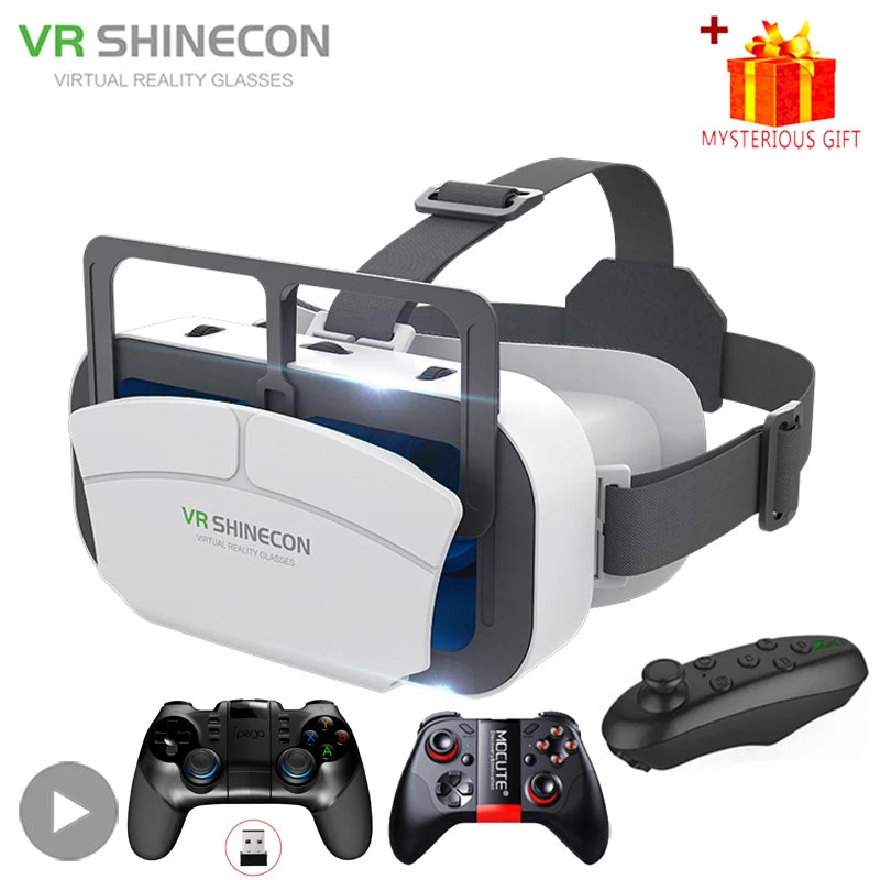 White smartphone VR headset with adjustable grey head straps, including two gaming controllers and a remote.