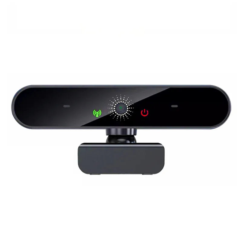 Black 4K USB webcam with integrated microphone, featuring autofocus, status lights, and a sleek, adjustable stand.