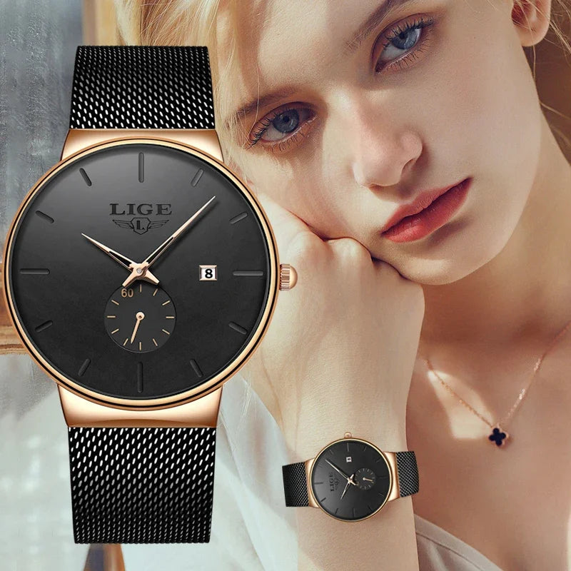 Elegant women’s quartz watch with a black dial, rose-gold case, and black mesh stainless steel strap.