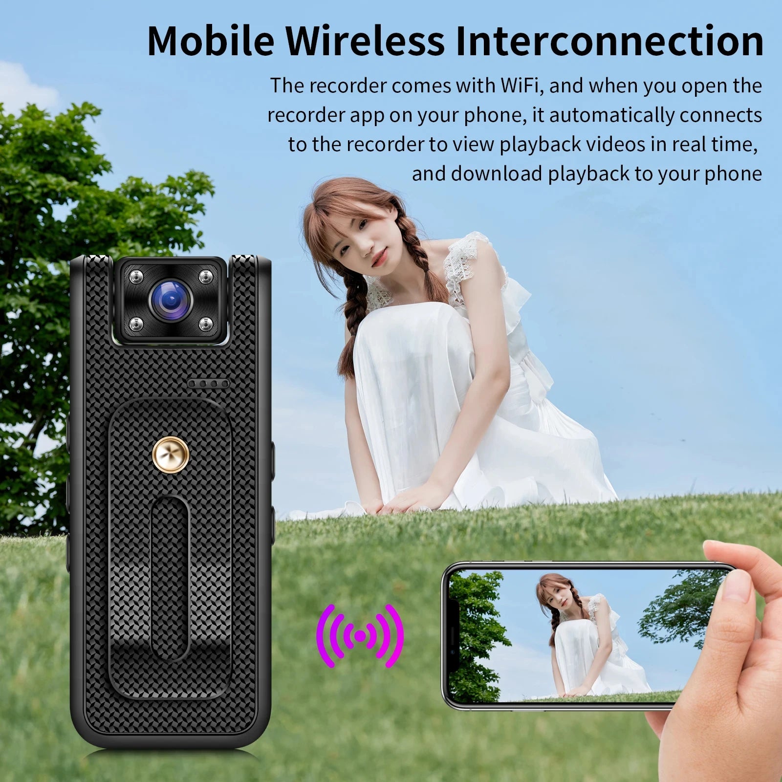 Black carbon fiber textured portable body camera with a rotating clip and lens, showing WiFi phone connectivity.