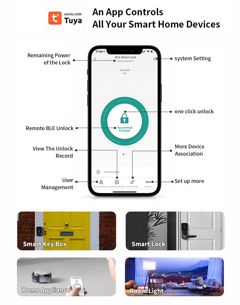 Smartphone screen showing a Tuya smart home app interface for controlling locks, lighting, and home appliances.
