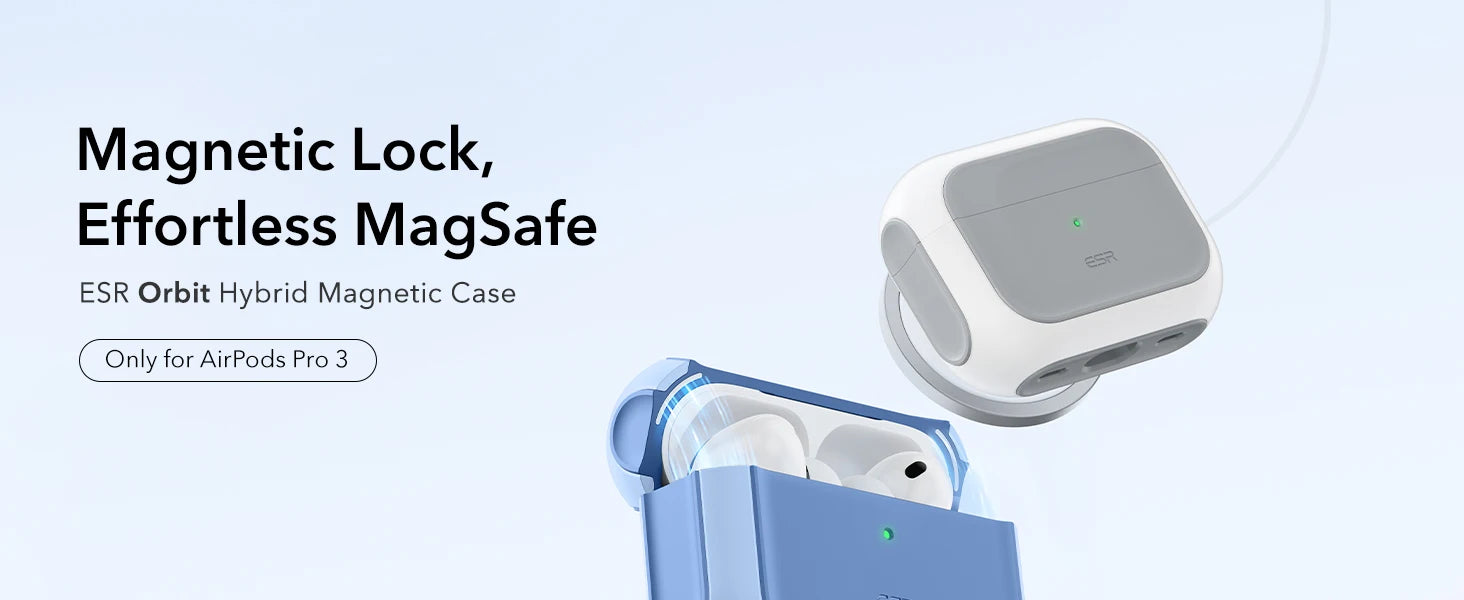 ESR Orbit hybrid magnetic case for AirPods Pro 3 in blue and grey, featuring a sleek, protective design.