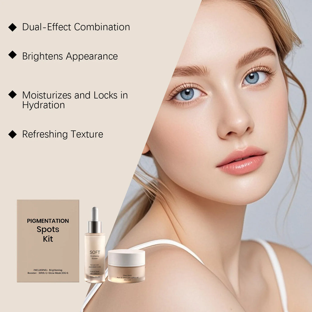 Pigmentation spots kit containing a brightening serum and glow mask, shown with a model and key skin benefits listed.
