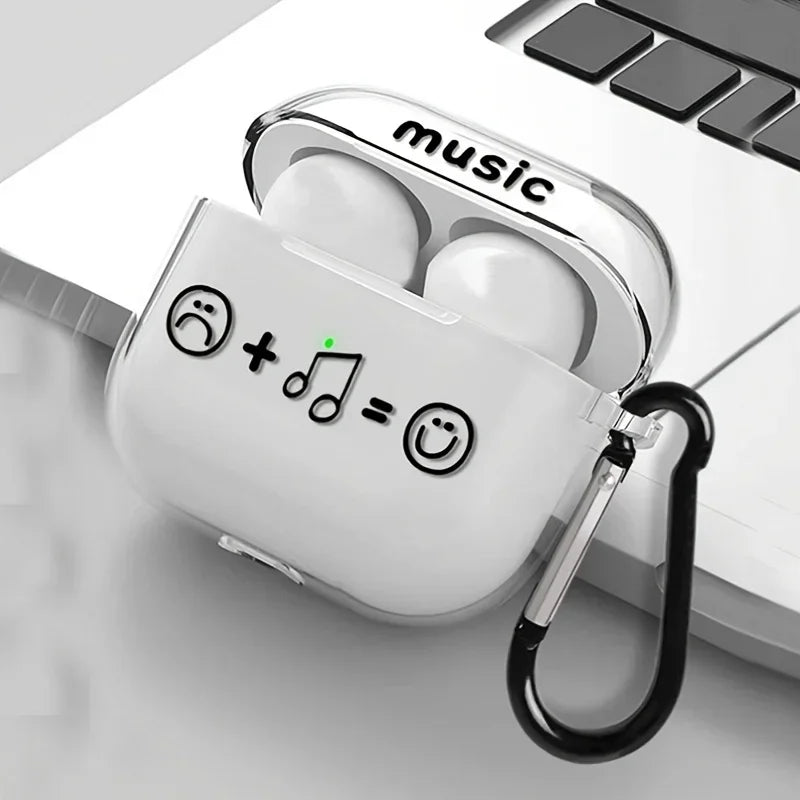 Clear AirPods case with 'music' and smiley graphic, includes black carabiner clip. For Apple AirPods.