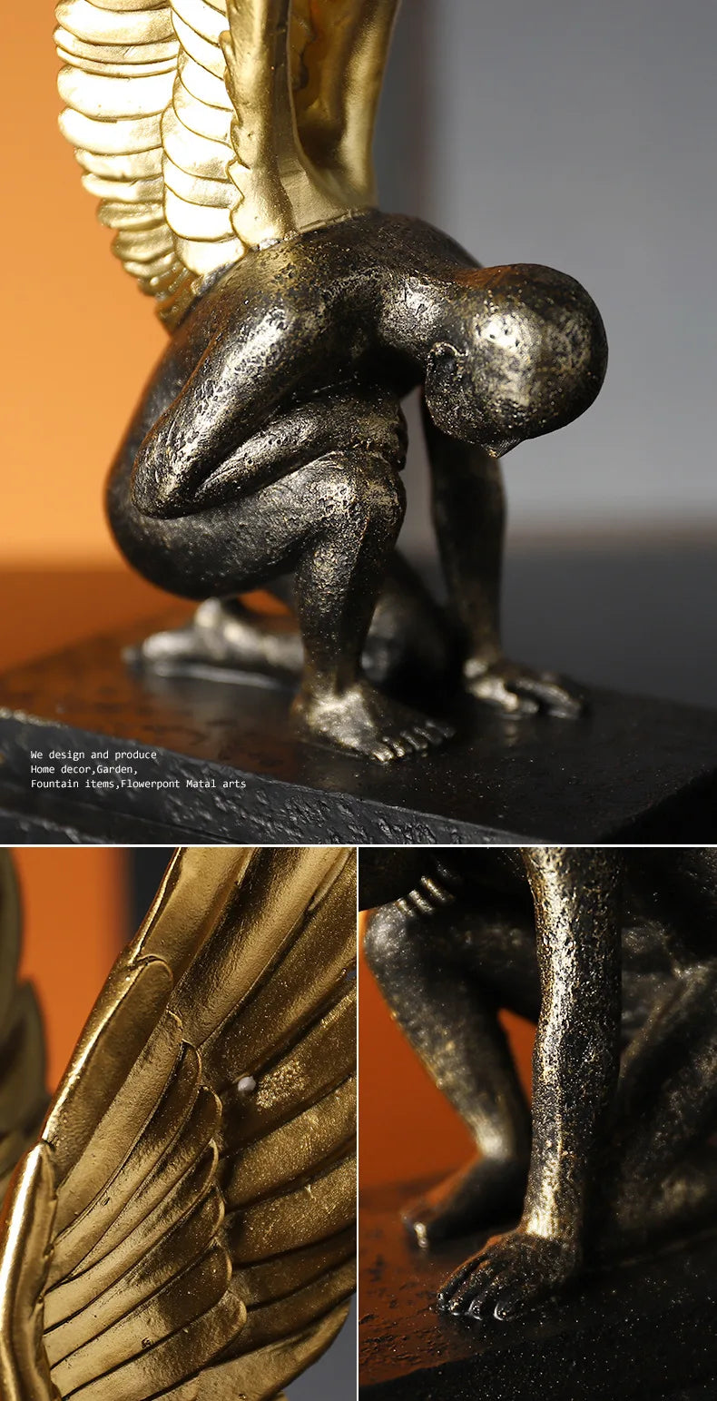 Black and gold resin ornament featuring a crouched winged figure with textured, antique-style finish.
