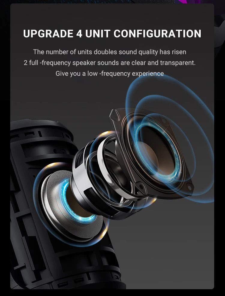 Exploded view of a black portable Bluetooth speaker showing its internal four-unit audio system for 360-degree sound.