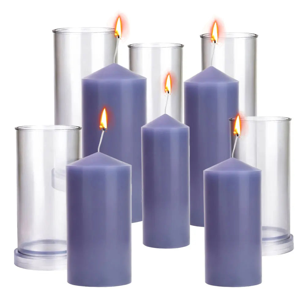 Clear plastic cylinder candle molds and lit purple pillar candles in various sizes.