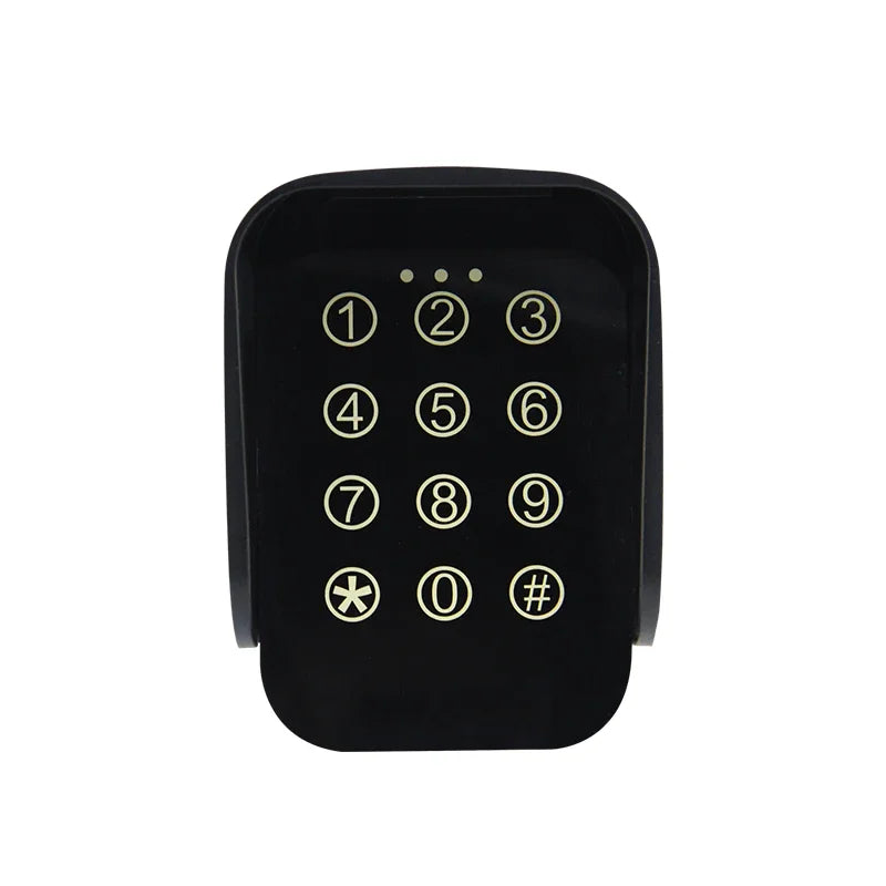 Black plastic digital keypad with numbered buttons and a protective cover for security locks.