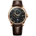 Men's rose gold mechanical watch with a black dial, world time, moon phase, date window, and brown leather strap.