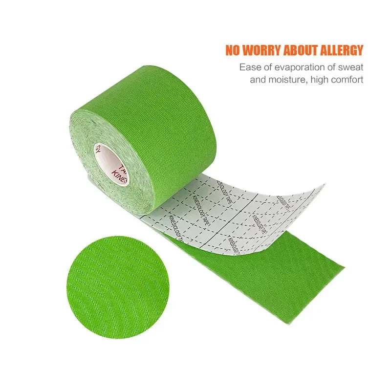 A roll of bright green kinesiology sports tape with a grid-patterned backing and a close-up circle showing texture.