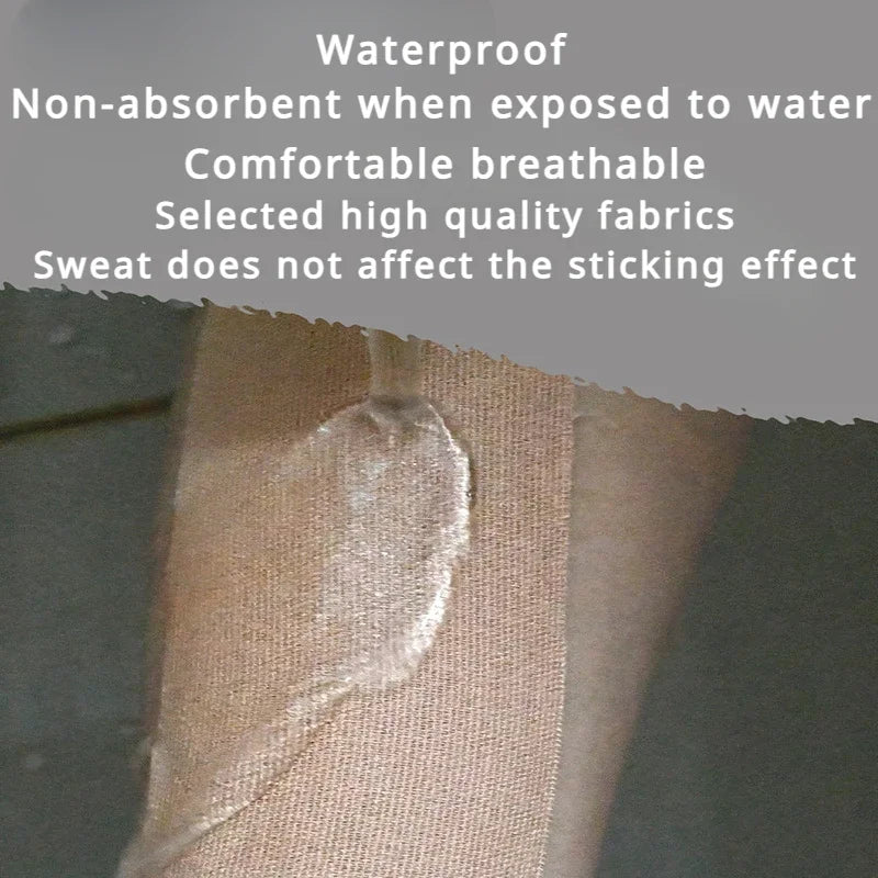 Beige waterproof adhesive kinesiology tape applied to skin with water droplets on the surface.