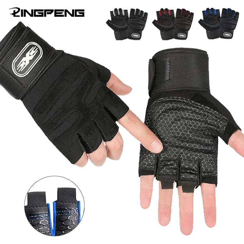 Black fingerless gym gloves with padded, textured palms and supportive wrist wraps. Available in black, red, or blue.