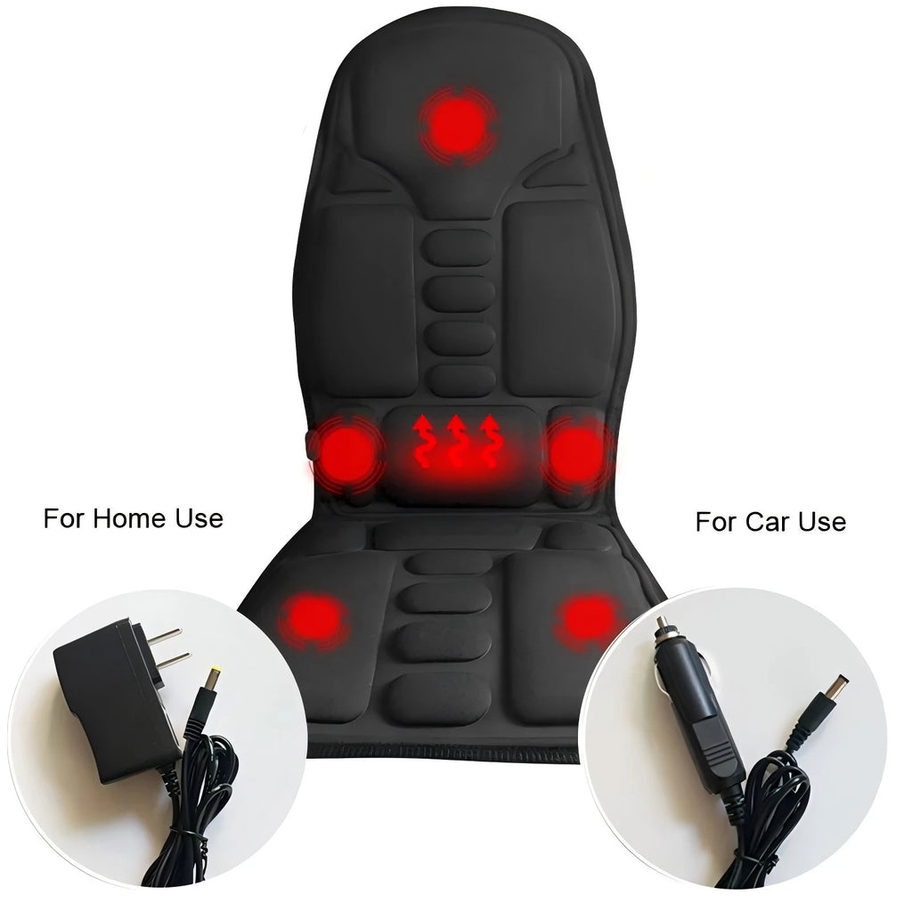 Black, multifunctional massage seat cushion with red heat zones, including home and car power adapters.
