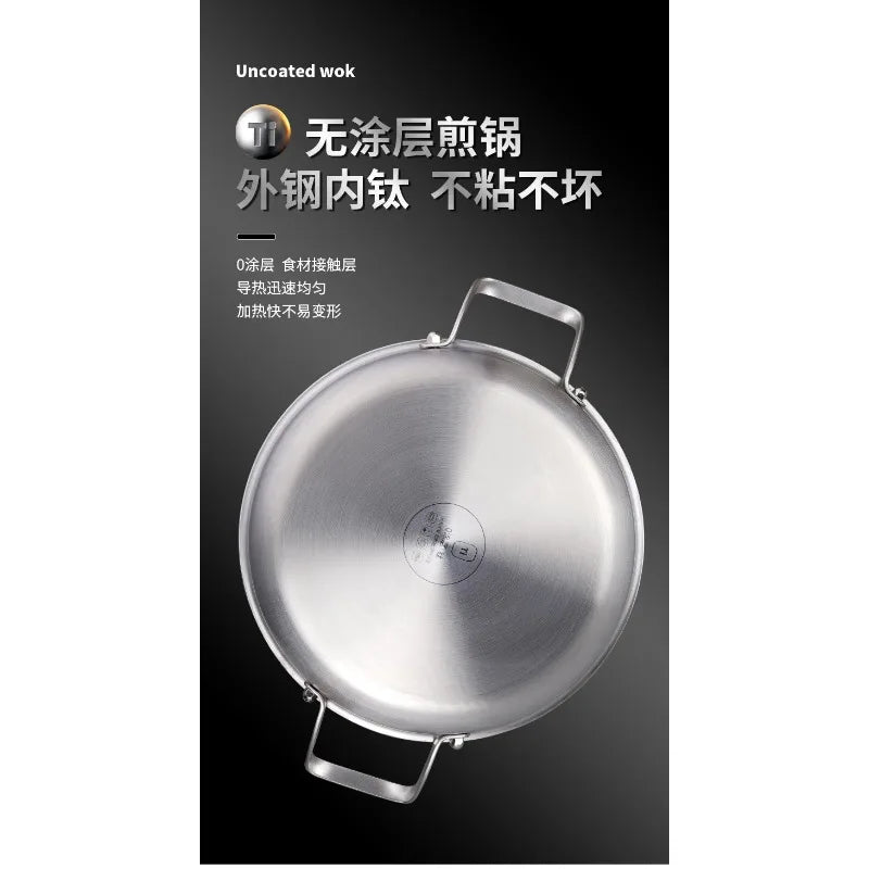 An uncoated titanium wok with dual stainless steel loop handles, viewed from above against a black background.