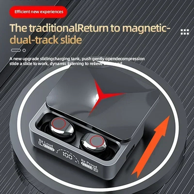 Black wireless earbuds in a sleek, sliding magnetic charging case with a red light accent and digital battery display.