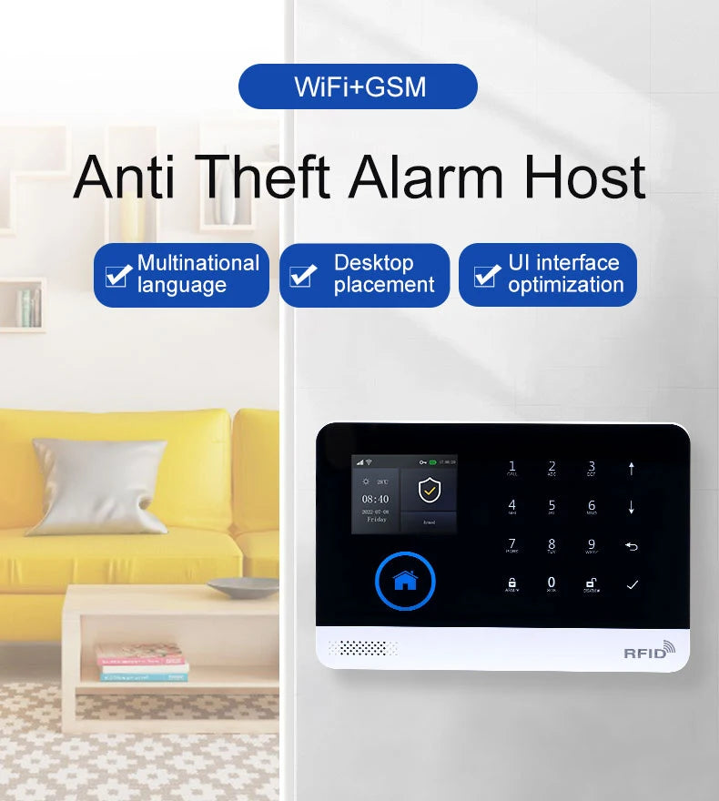 Sleek black and white wireless security alarm host with a digital touchscreen display, shown in a modern living room.
