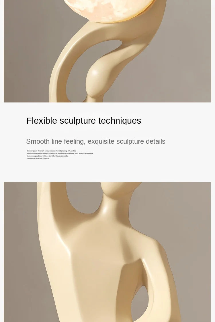 Minimalist cream-coloured abstract resin floor sculpture with smooth, flowing curves and an illuminated orb top.
