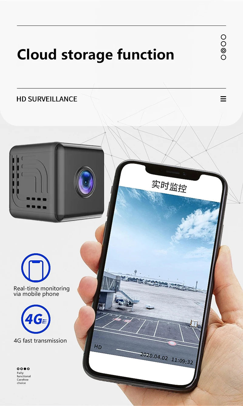 Small black cube indoor security camera being monitored via a smartphone app, showing real-time 1080p HD video.