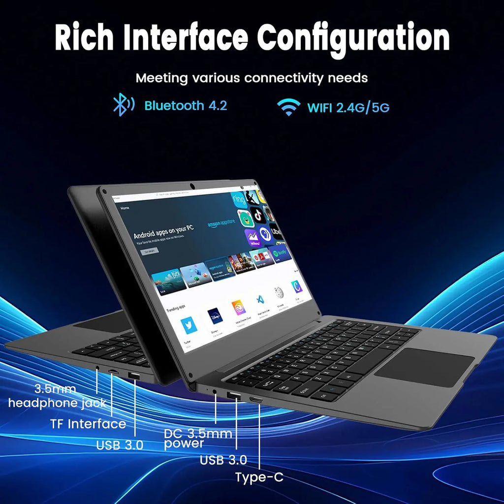 Slim 11.6-inch grey laptop with black keyboard, showing connectivity ports including USB, Type-C, and headphone jack.