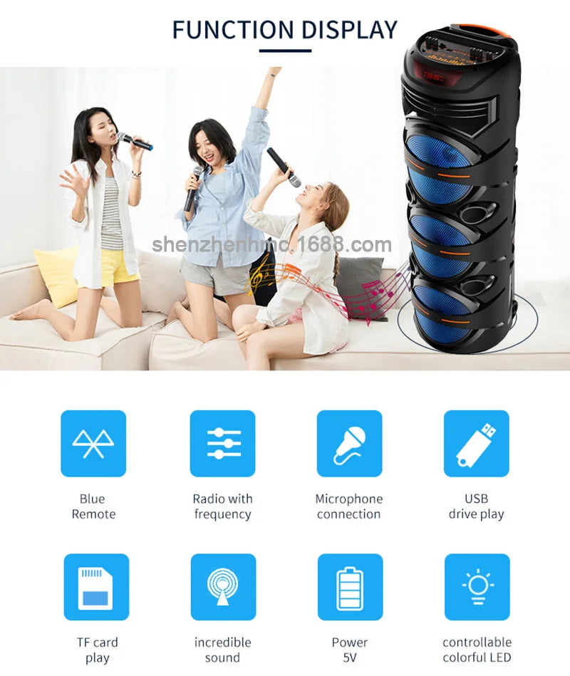 Portable black 8-inch wireless party speaker with blue LED lights, featuring microphone input and multiple playback modes.