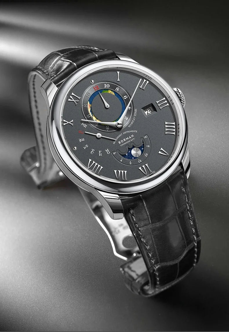 Men's automatic watch with a grey dial, Roman numerals, moon phase display, world time sub-dial, and black leather strap.