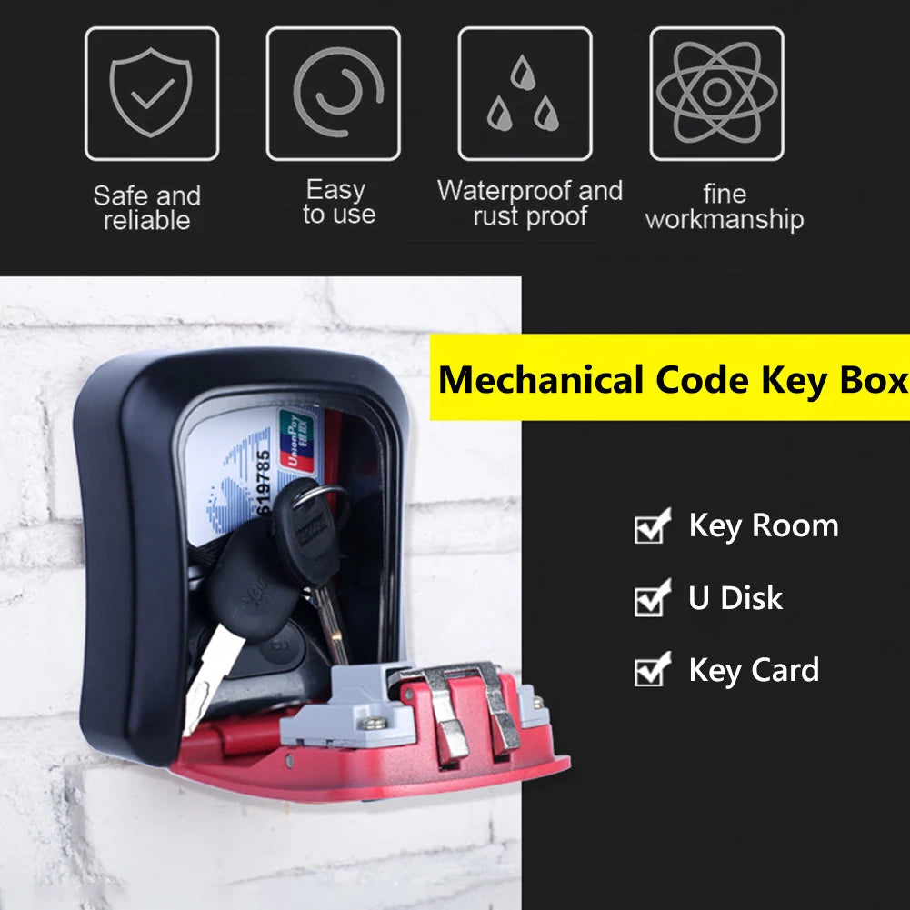 Black metal wall-mounted mechanical key lock box with a red drop-down door, holding keys and a plastic access card.