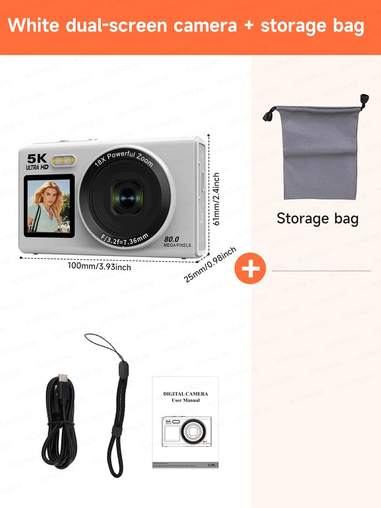 White plastic 5K dual-screen digital camera with 18x zoom, fabric storage bag, wrist strap, cable, and user manual.