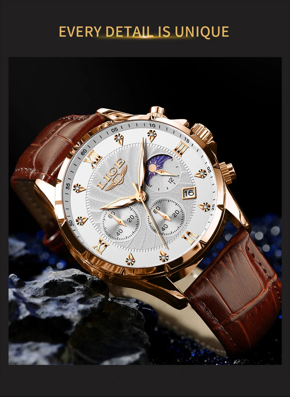 Men's rose-gold chronograph watch with a white patterned dial, crystal markers, and a brown leather crocodile-effect strap.