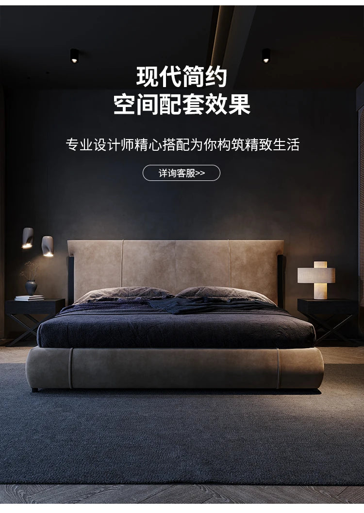 Minimalist black bedside table with cross-leg frame, styled next to a modern upholstered bed in a dark bedroom.