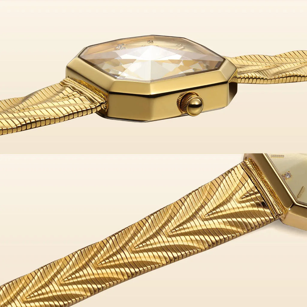 Gold octagonal quartz watch featuring a faceted crystal face and a textured chevron-patterned stainless steel band.