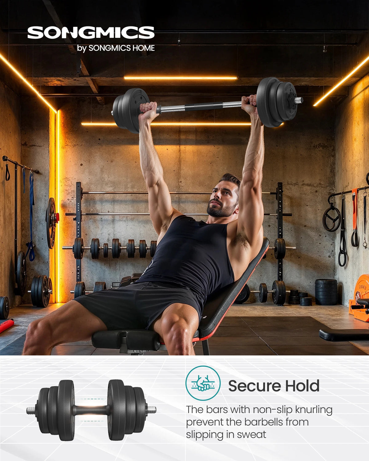 Man on a bench press lifting a black adjustable barbell with plastic-coated weight plates.