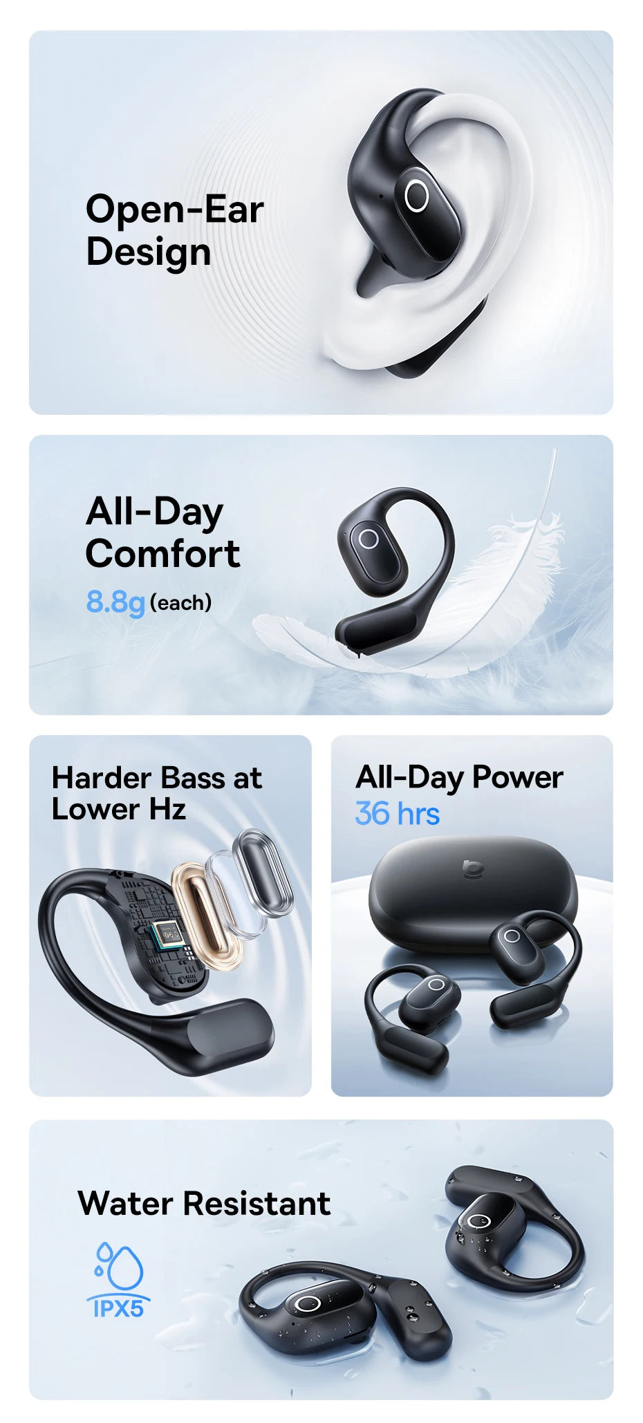 Black open-ear wireless headphones with a lightweight, ergonomic design and charging case. Water-resistant.