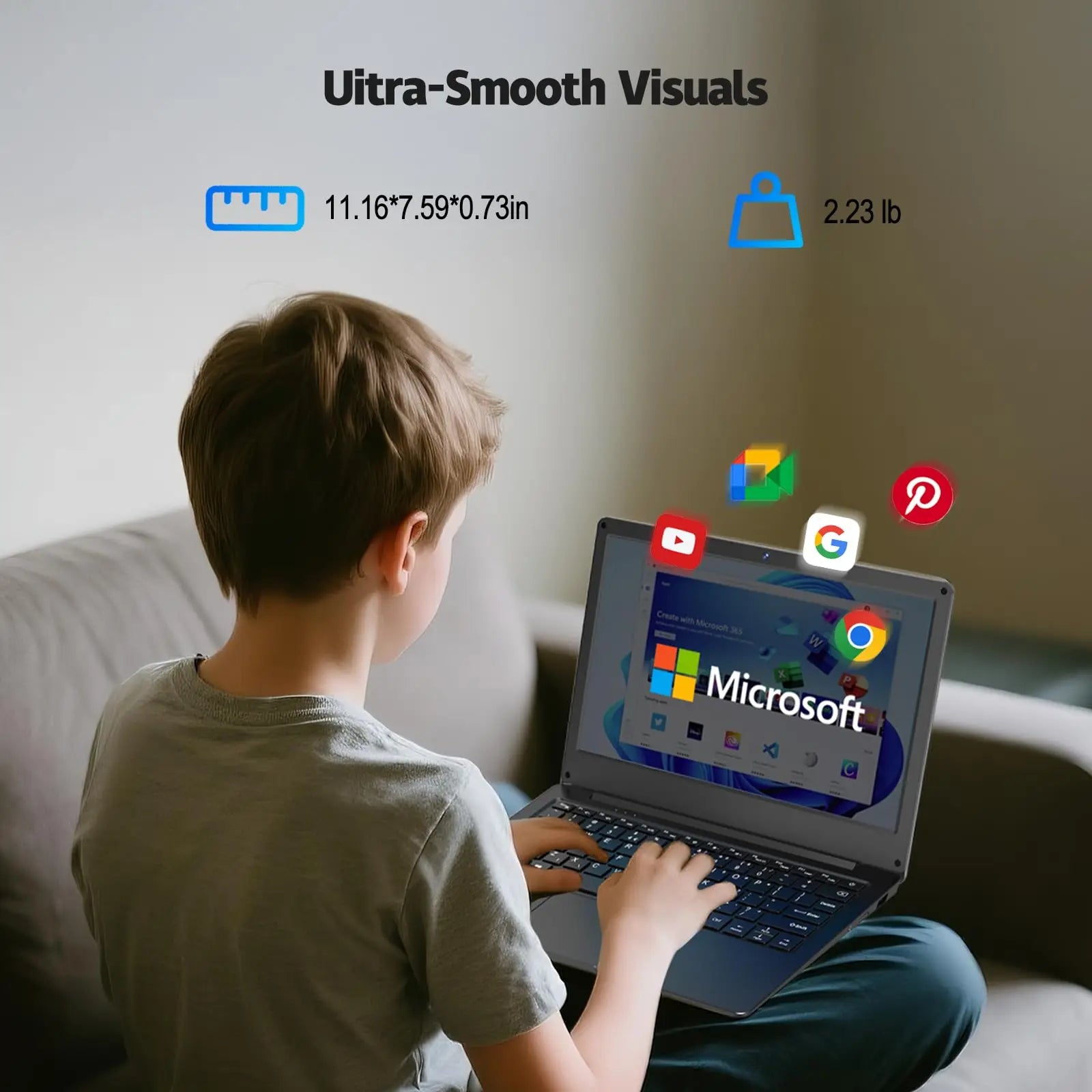 A child using a sleek, slim 11.6-inch grey laptop, featuring a lightweight design for portable, smooth performance.
