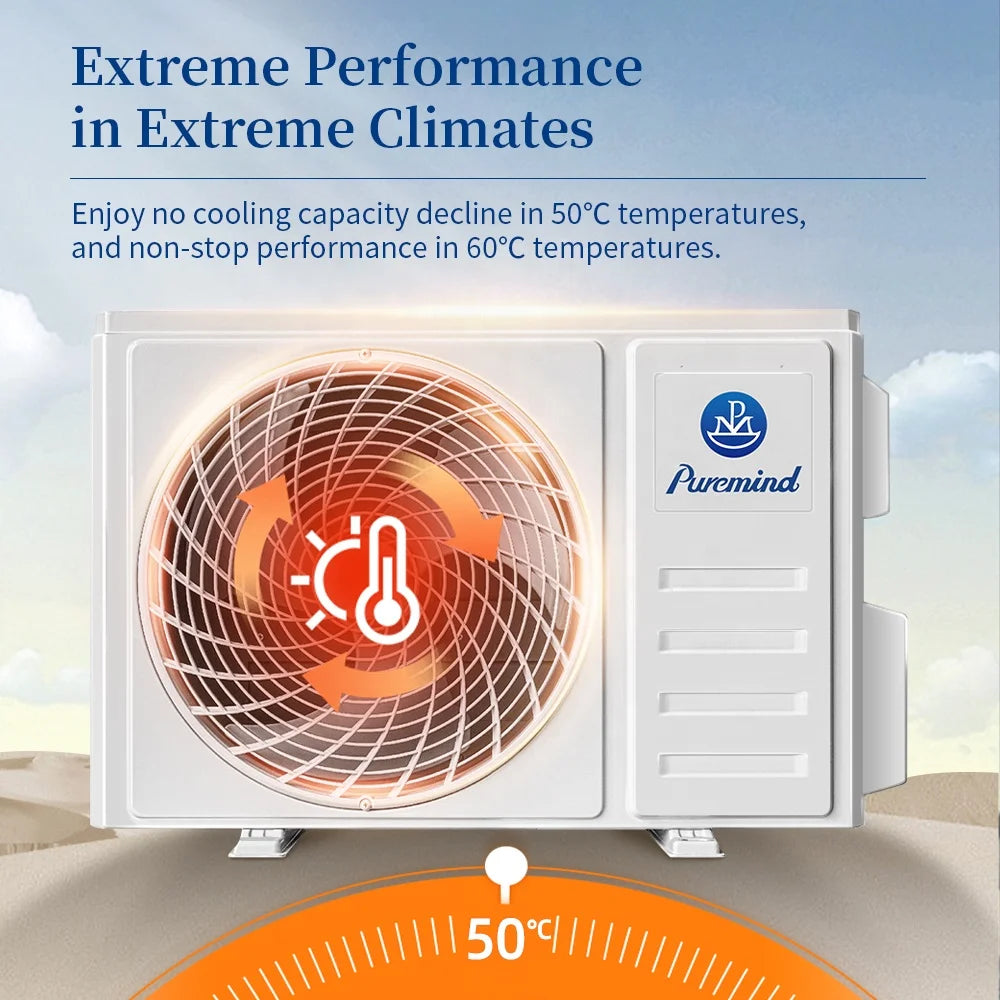 White smart inverter split air conditioner outdoor unit, designed for high-performance cooling in extreme heat.