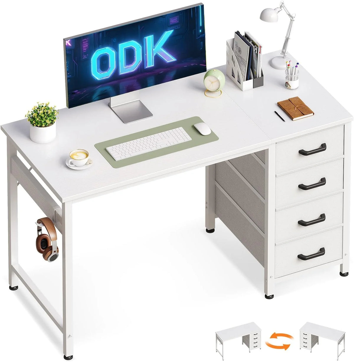 White computer desk with white frame, monitor, keyboard, mouse, drawers, and accessories.