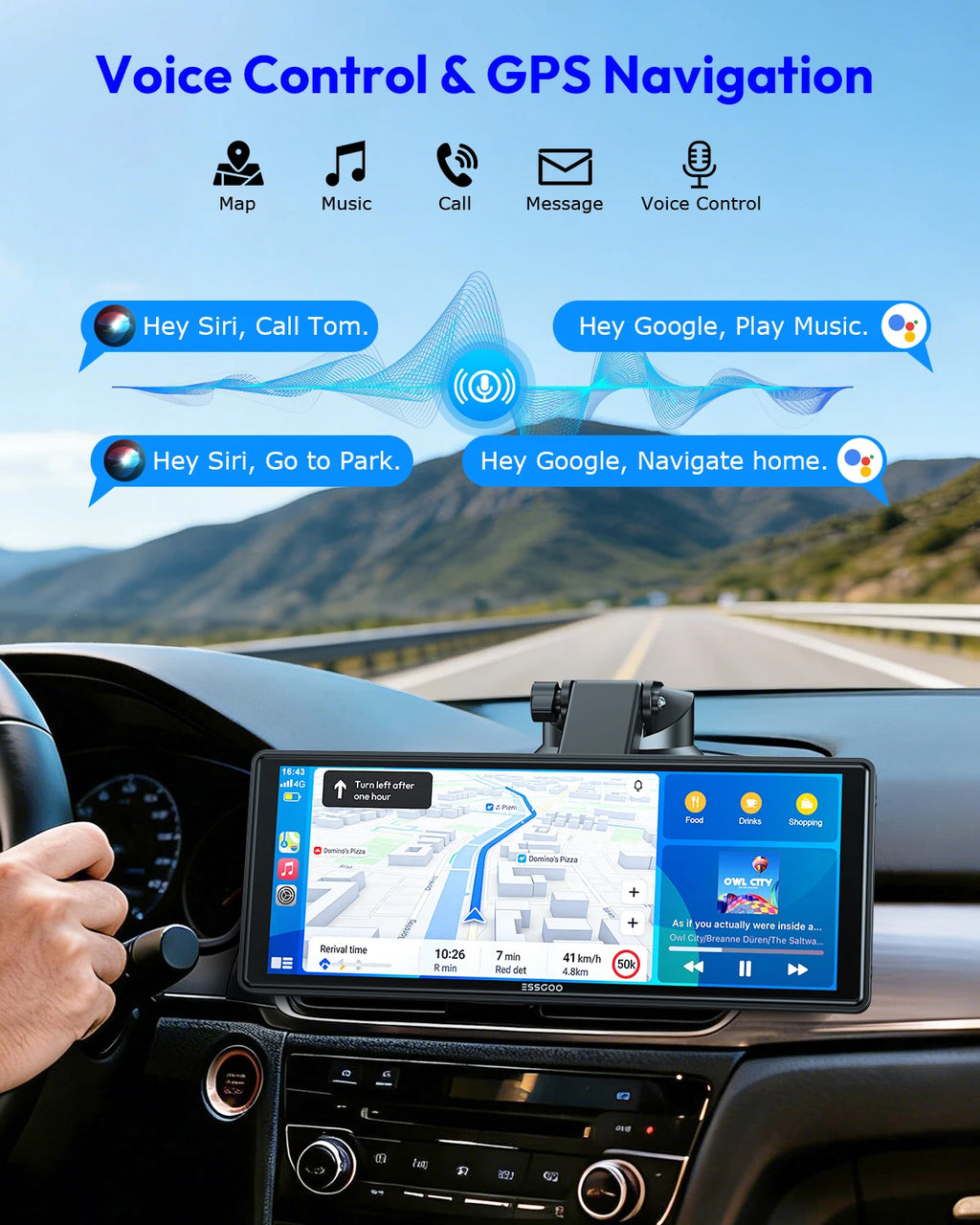 ESSGOO black 10.26" wireless car stereo touchscreen mounted on car dash displaying GPS navigation interface.